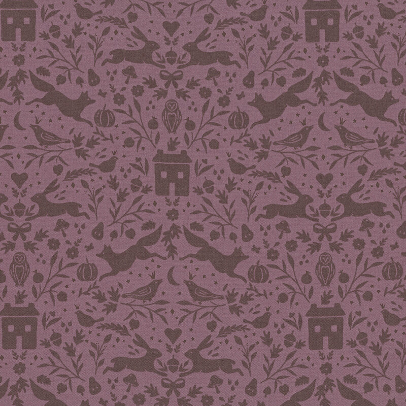 dark woodland motifs of foxes, rabbits, owls, birds, cottages, pumpkins, acorns, mushrooms, and leafy florals on a muted plum background