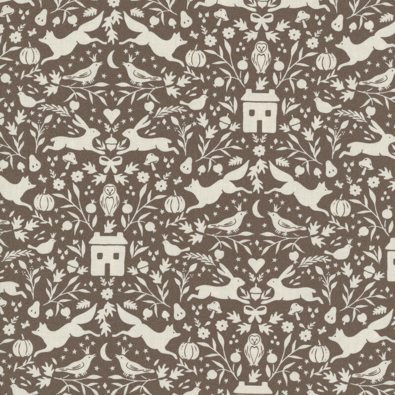cream woodland motifs of foxes, rabbits, owls, birds, cottages, pumpkins, acorns, mushrooms, and leafy florals on a dark taupe background