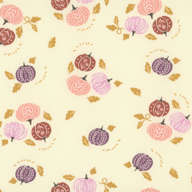 clusters of scattered pumpkins in blush pink, lilac, and marsala, accented with scattered fall leaves on a warm cream background.