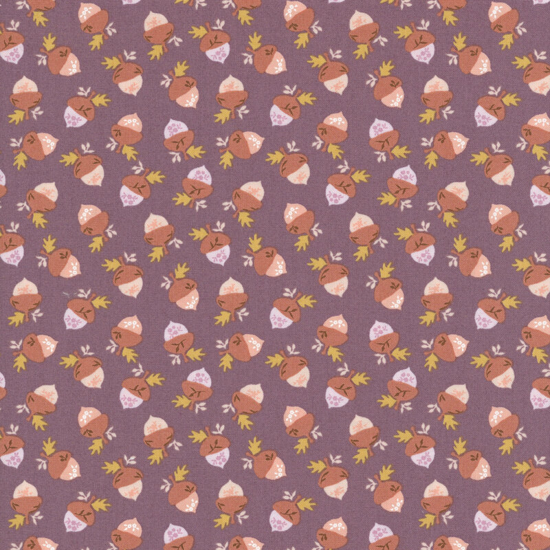 in pale peach, apricot, and soft lavender hues, accented with tiny golden and cream leaves on a muted plum background.