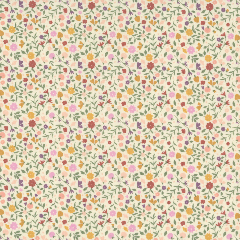 delicate allover floral print with tiny blossoms and leafy vines in soft pink, marsala, golden yellow, purple, and green on a warm cream background.