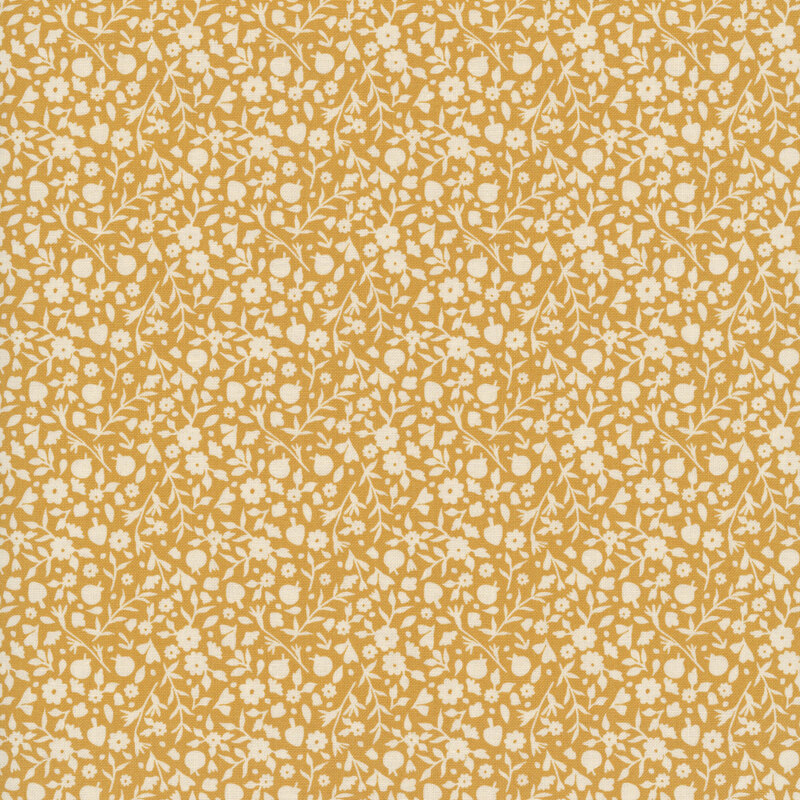 delicate allover floral print with tiny blossoms and leafy vines in soft cream on a gold background.