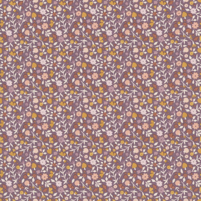 delicate allover floral print with tiny blossoms and leafy vines in soft pink, marsala, golden yellow, light purple, and cream on a muted plum background.