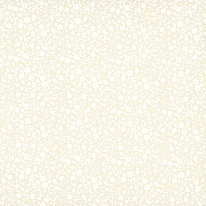 delicate allover floral print with tiny blossoms and leafy vines in soft cream on a pale ivory background.