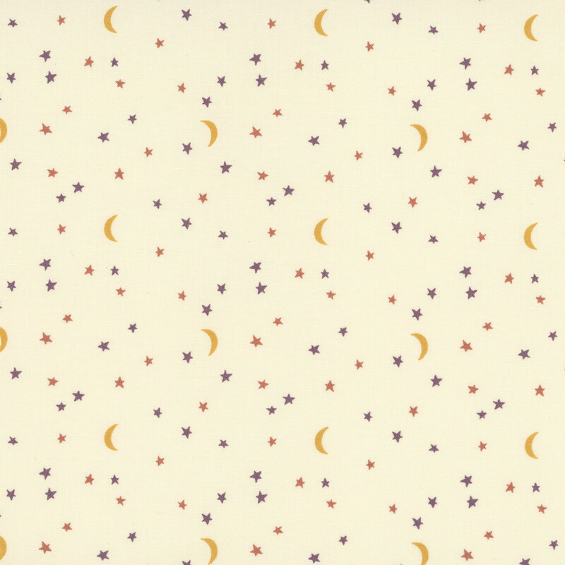 golden crescent moons with rust and purple stars scattered on a cream background.