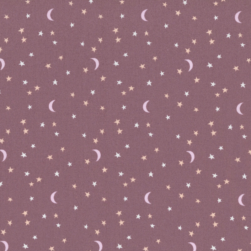 pale lilac crescent moons with apricot and white stars scattered on a muted plum background.
