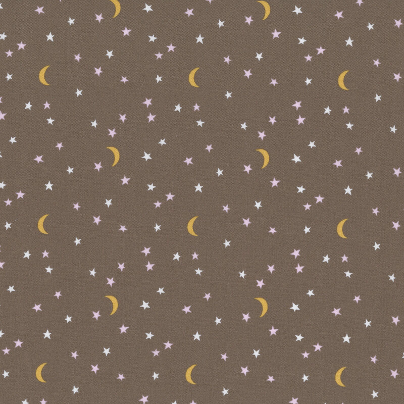 gold crescent moons with pale lavender and white stars scattered on a dark taupe background.