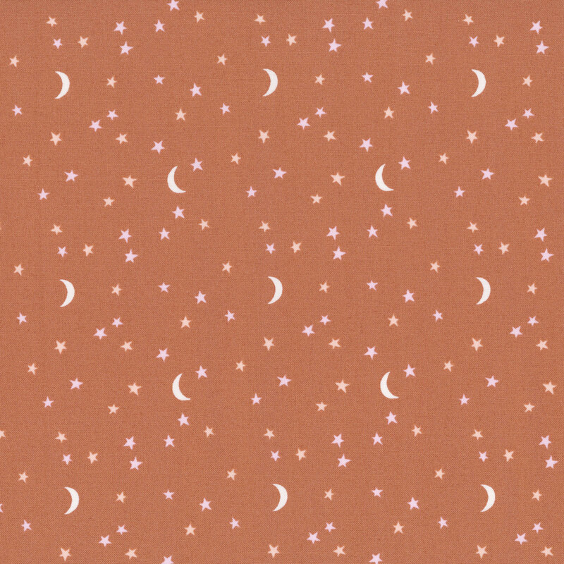 white crescent moons with pale lilac and apricot stars scattered on a rust background.