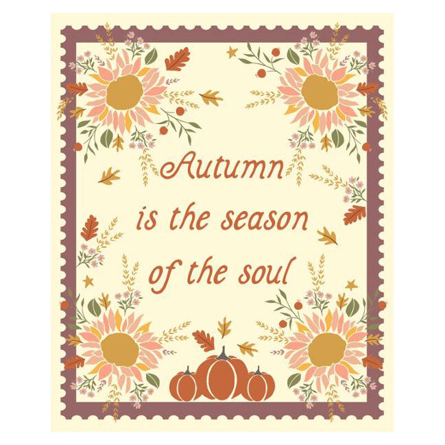 cream fabric panel featuring fall florals and pumpkins with the phrase "Autumn is the season of the soul" in the center, framed with a purple border.