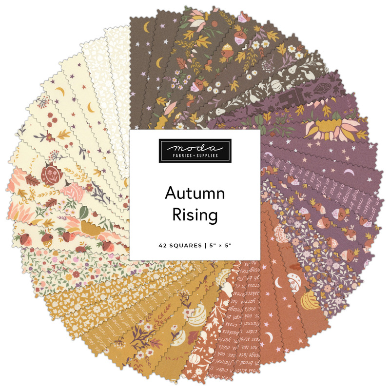 Circular of cream, gold, orange, purple, and brown autumn-themed fabrics from the Autumn Rising collection