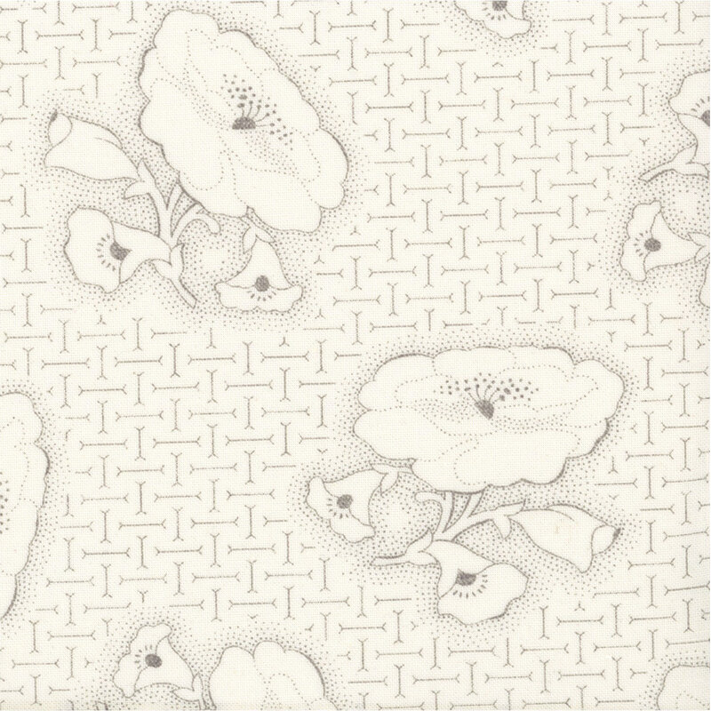 Cream fabric with a balanced pattern of bone motifs topped with gray stippled florals.