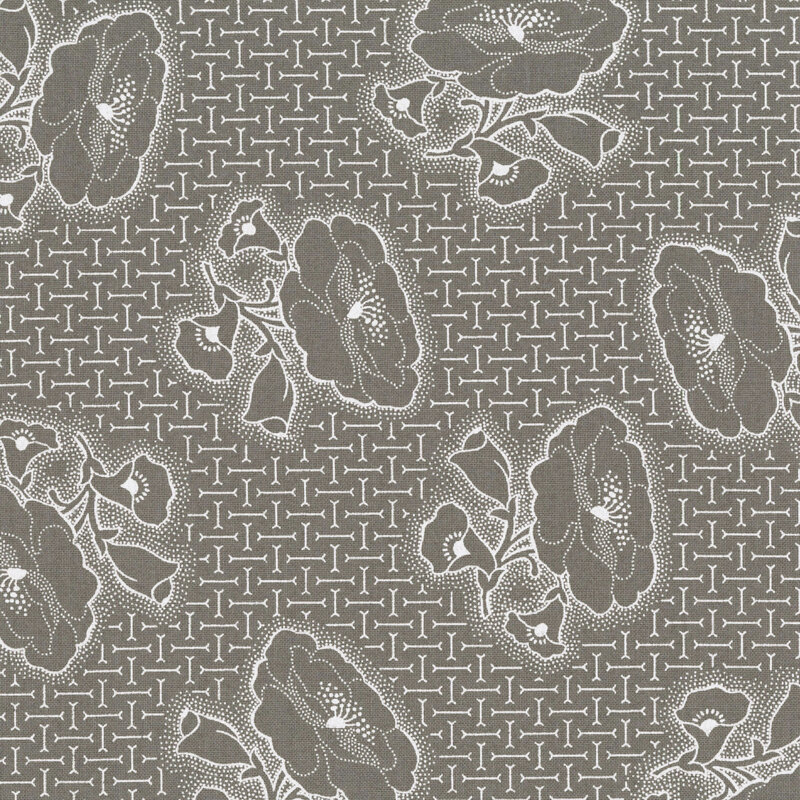 Ash gray fabric with a balanced pattern of bone motifs topped with soft black stippled florals.