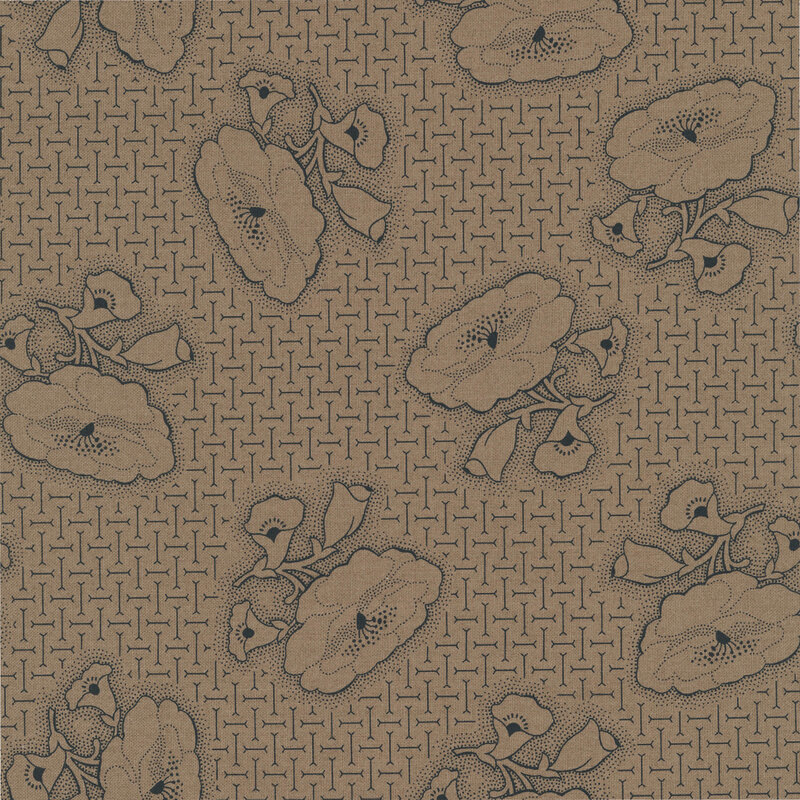 Taupe fabric with a balanced pattern of bone motifs topped with black stippled florals.