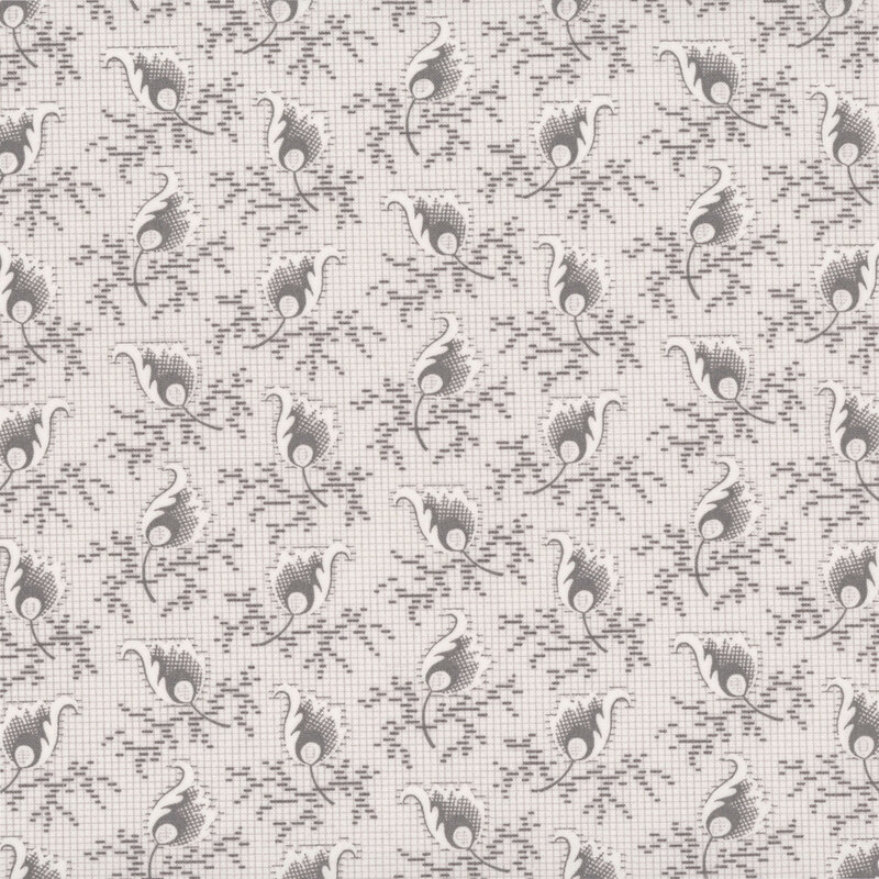 Cloud gray fabric with a small grid topped with scattered leaf motifs.