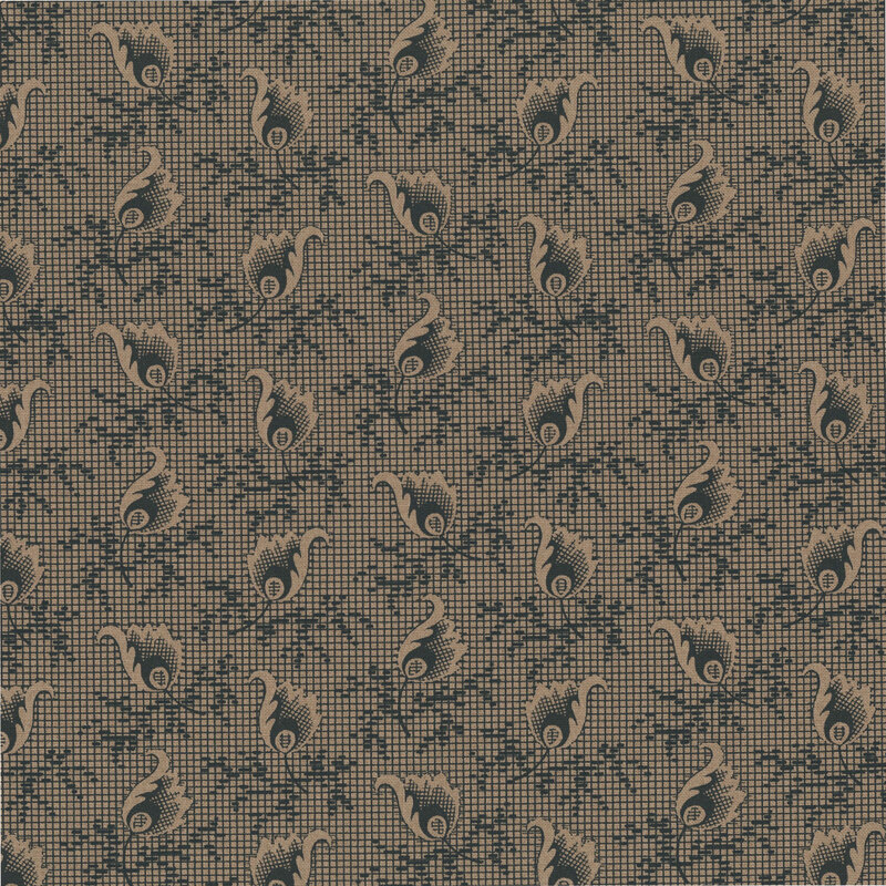 Taupe brown fabric with a small grid topped with scattered black leaf motifs.