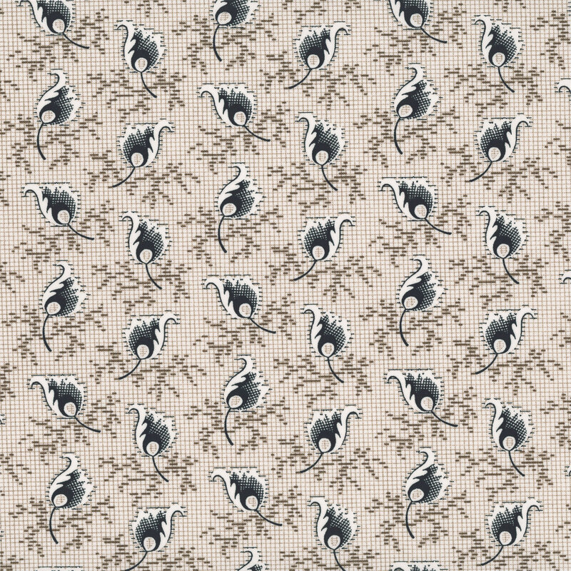 Light mushroom-brown fabric with a small grid topped with scattered black leaf motifs.