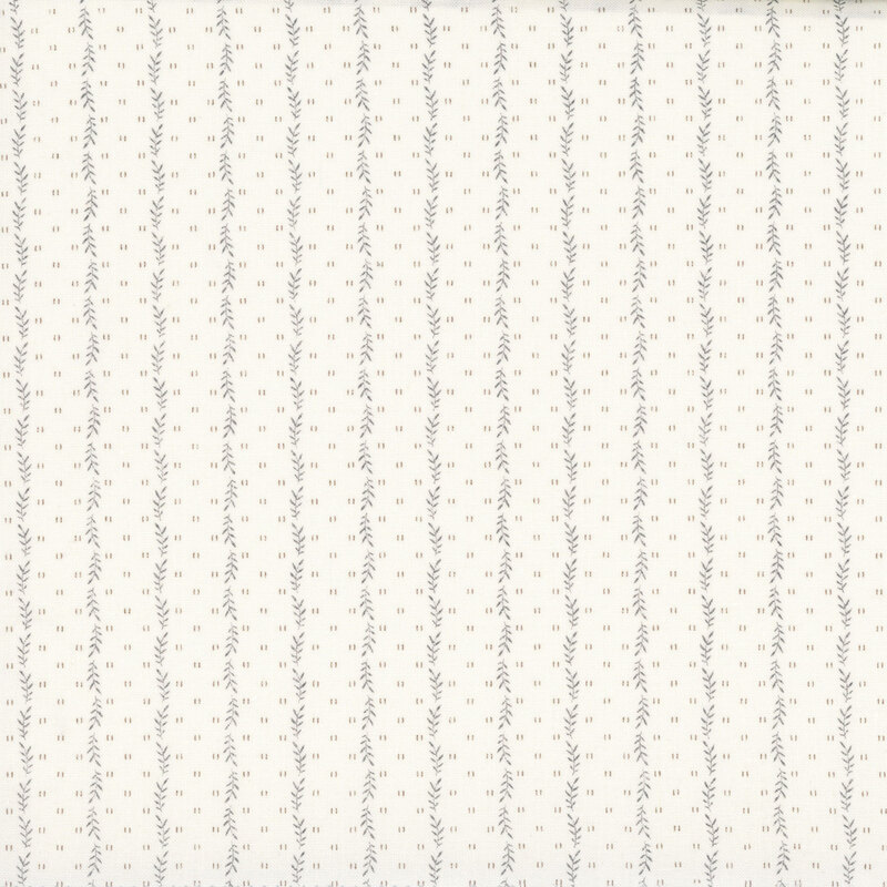 Cream fabric with a striped pattern of small leaves decorated with small, scattered primitive markings.