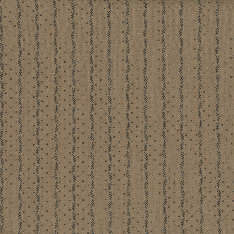 Dark taupe fabric with a striped pattern of small black leaves decorated with small, scattered primitive markings.