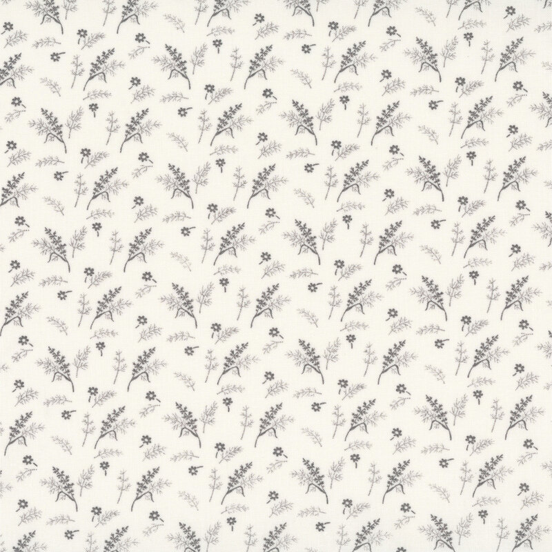 Linen-colored fabric with a tossed pattern of small black florals and leafy plant sprigs.
