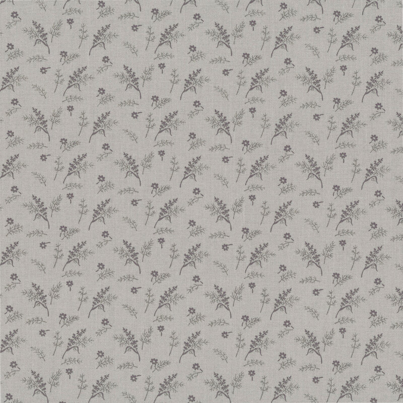 Light smoke-colored fabric with a tossed pattern of small black florals and leafy plant sprigs.