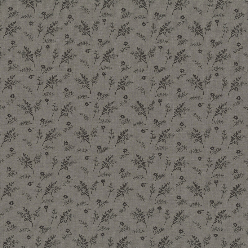 Dark ash-colored fabric with a tossed pattern of small black florals and leafy plant sprigs.