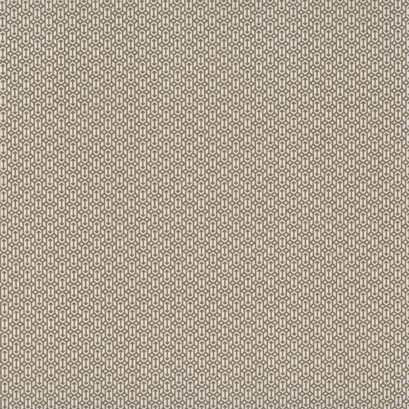 Light mushroom-colored fabric with a packed, geometric design of arrow motifs and diamond shapes.
