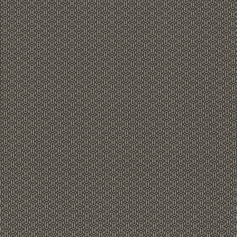 Ash gray fabric with a packed, geometric design of arrow motifs and diamond shapes.