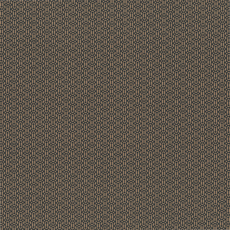 Chocolate brown fabric with a packed, geometric design of arrow motifs and diamond shapes.
