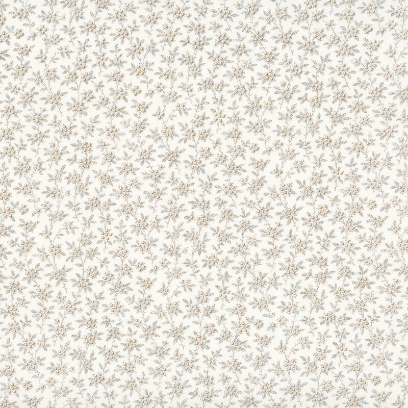 Linen-colored fabric with a packed design of small leafy vines adorned with berries.