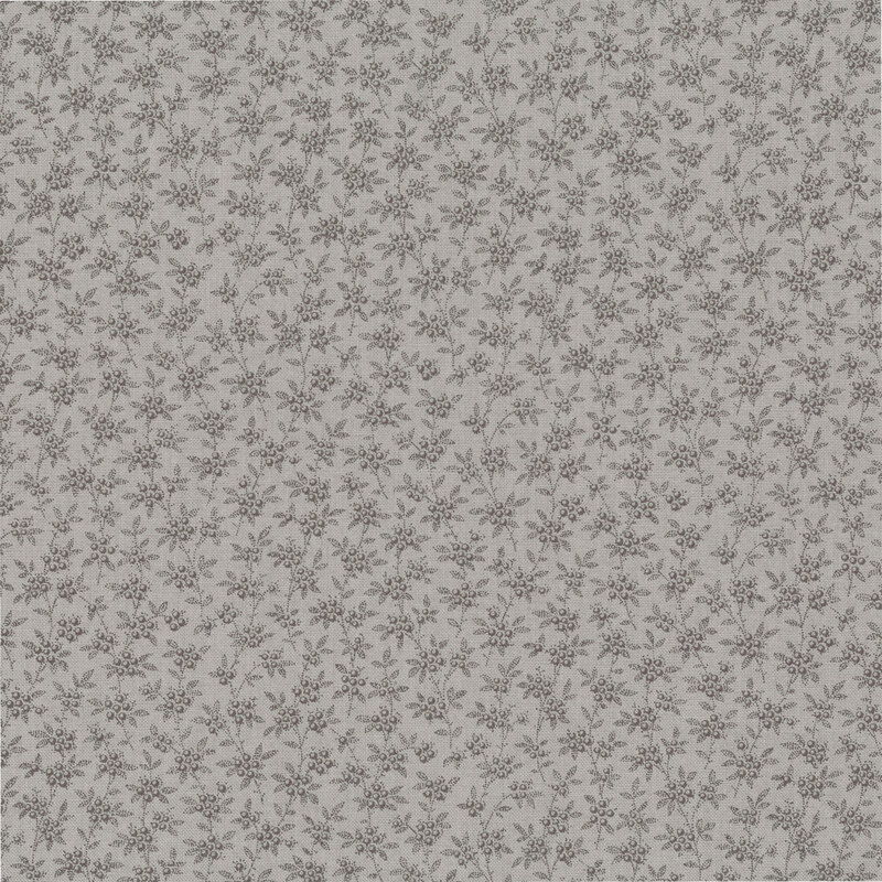Smoke-colored fabric with a packed, tonal design of small leafy vines adorned with berries.