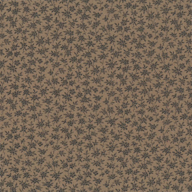 Taupe-colored fabric with a packed design of small, black leafy vines adorned with berries.