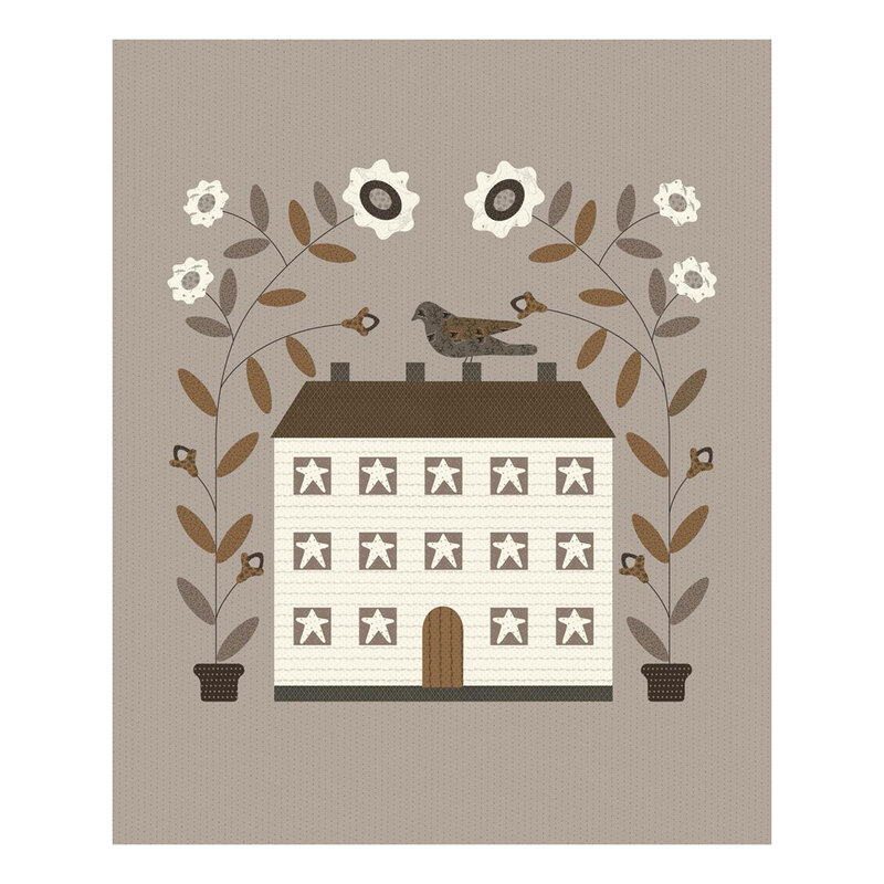 A white manor with starry windows, a bird perched on the roof, and florals reaching over the top, laid on a dotted light mushroom colored background