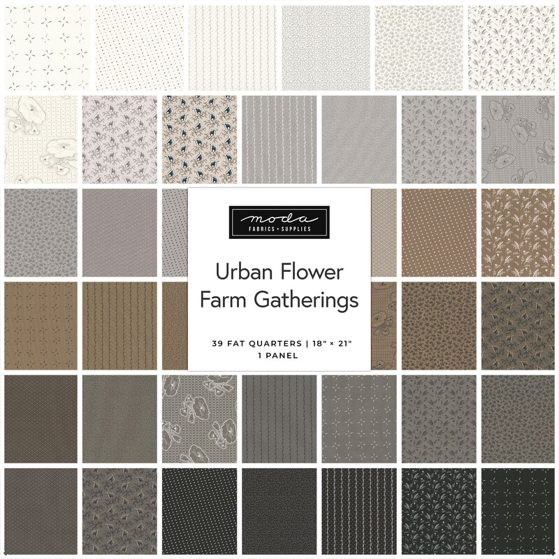 Digital collage of the neutral-tone Fat Quarter Bundle from the Urban Flower Farm Gatherings fabric collection.