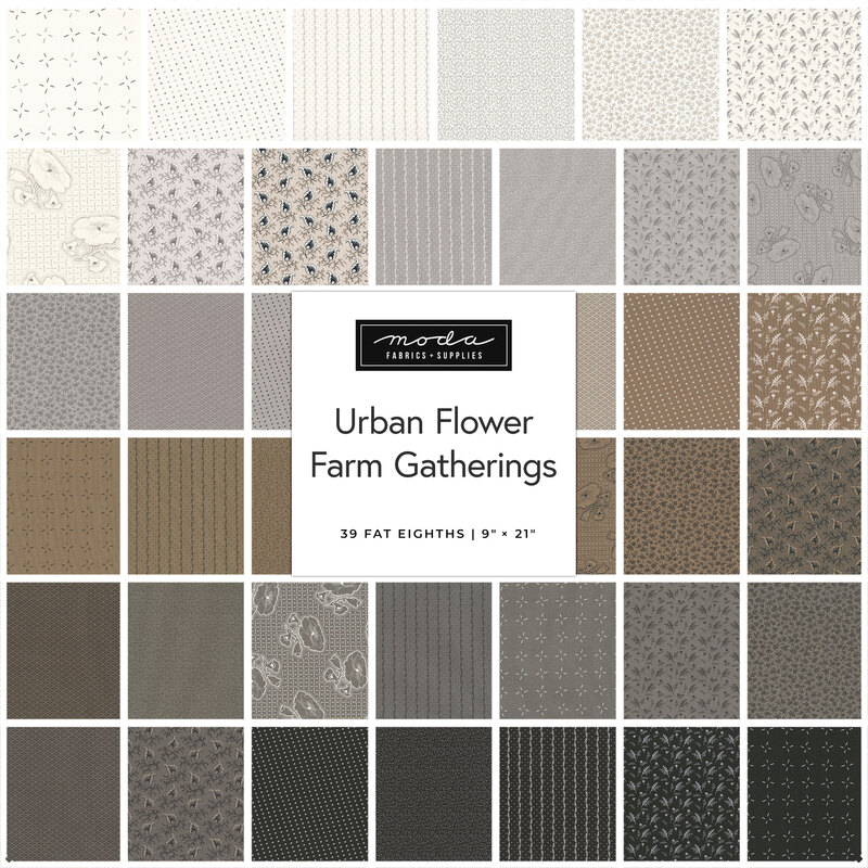 Digital collage of the neutral-tone Fat Eighth Bundle from the Urban Flower Farm Gatherings fabric collection.