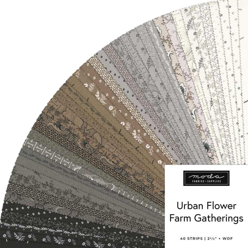 Digital collage of the neutral-tone Jelly Roll Bundle from the Urban Flower Farm Gatherings fabric collection.