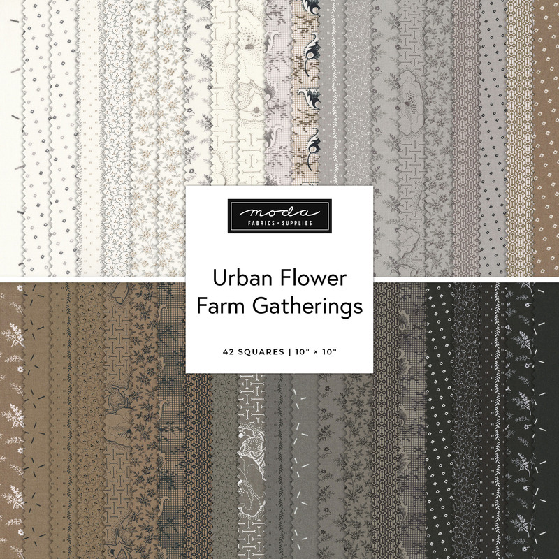 Digital collage of the neutral-tone Layer Cake Bundle from the Urban Flower Farm Gatherings fabric collection.