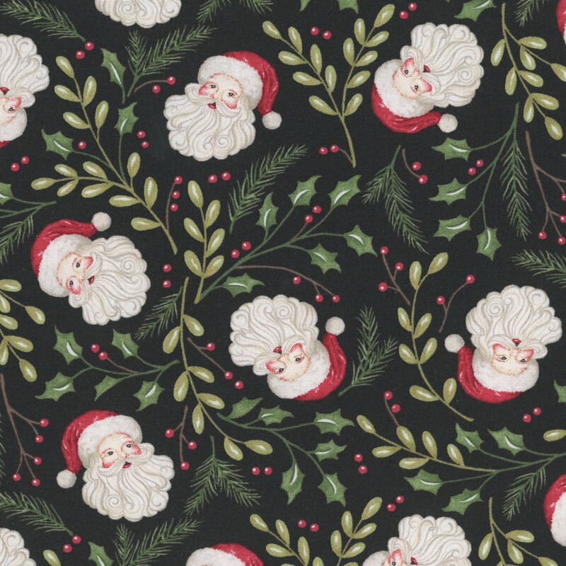 Black fabric with a tossed pattern of rosy-cheeked Santas surrounded by pine, winterberry, and holly sprigs.