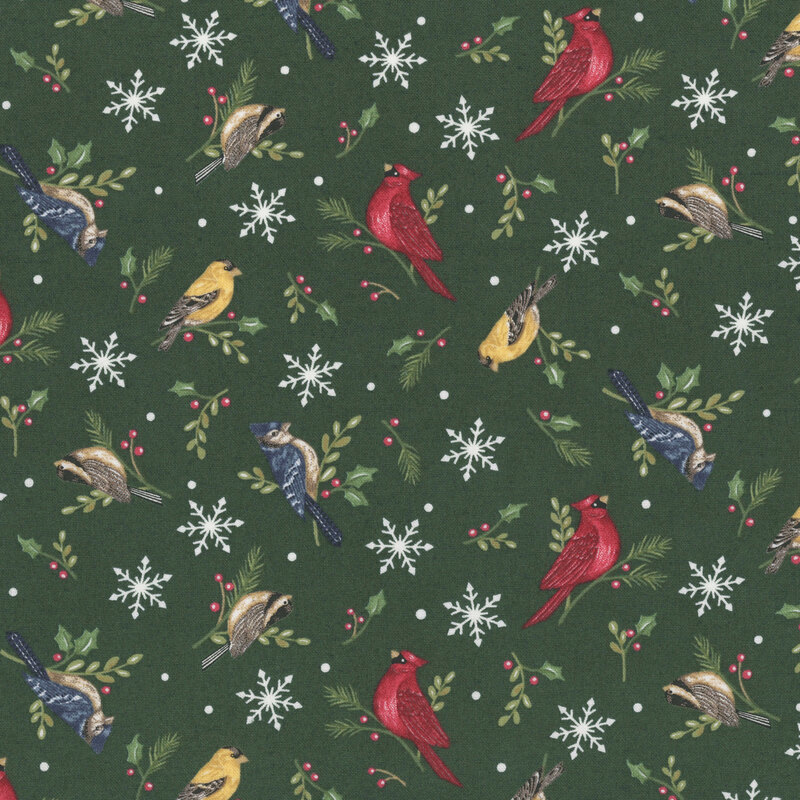 Pine green fabric with a tossed pattern of snowflakes, dots, and birds resting on holly, pine, and winterberry sprigs.