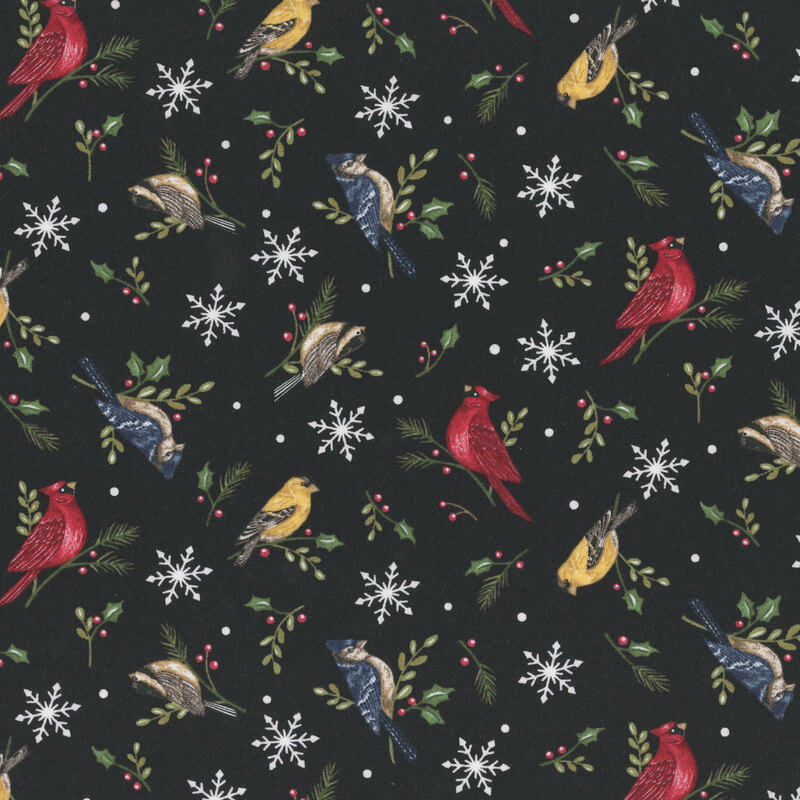 Charcoal black fabric with a tossed pattern of snowflakes, dots, and birds resting on holly, pine, and winterberry sprigs.