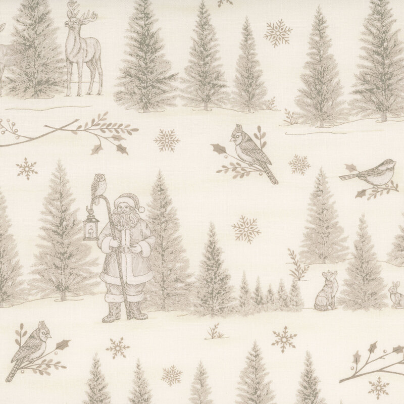 Tonal cream fabric with a toile scene of Santa in a forest with a staff and an owl, surrounded by woodland animals, birds, snowflakes, and Christmas botanicals.