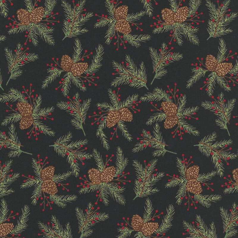 Charcoal black fabric with tossed pine boughs.