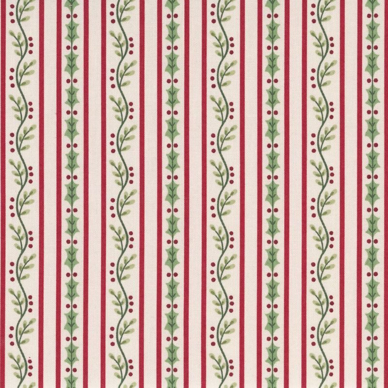 Cream fabric with stripes of holly vines with red berries and small red pinstripes.