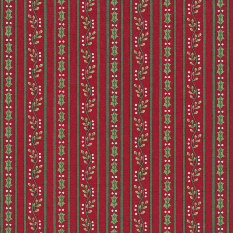 Red fabric with stripes of holly vines with red berries and green pinstripes. 