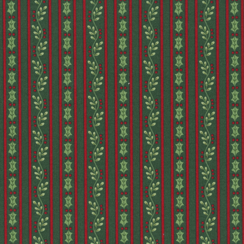 Pine green fabric with stripes of holly vines with red berries and small red pin stripes.
