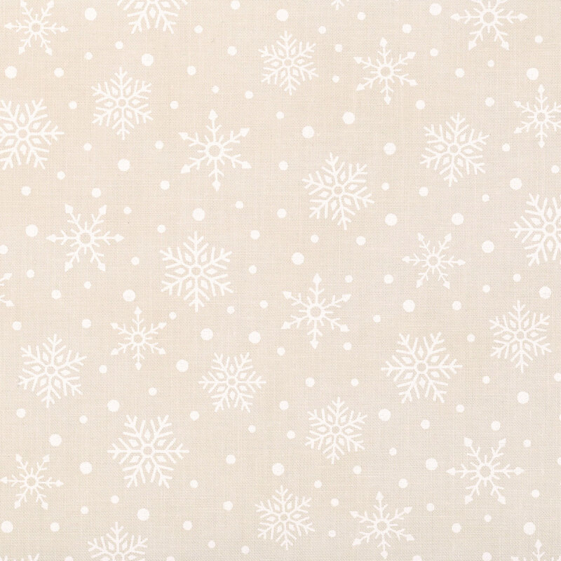 Cream fabric with a scattered pattern of white snowflakes and dots.