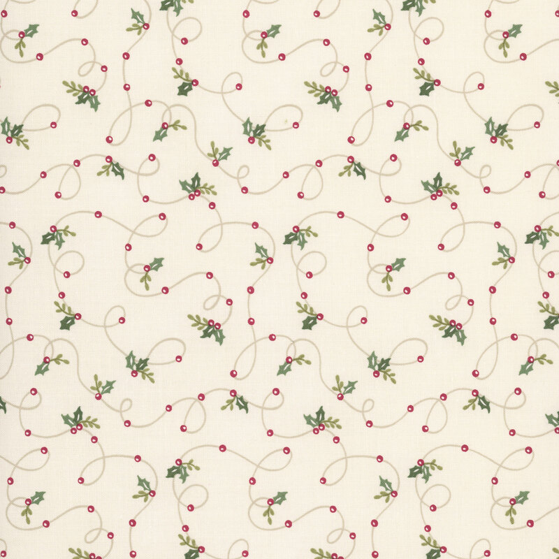 Cream fabric with a winding design of holly and winter berries threaded onto a string.