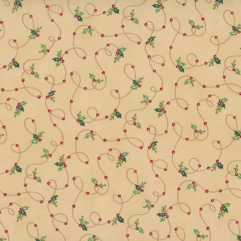 Tan fabric with a winding design of holly and winter berries threaded onto a string.