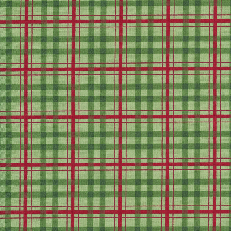 Warm sage fabric with a large dark green plaid layered with a smaller red plaid.