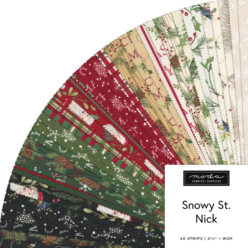 Digital fanned collage of Christmas and Santa fabrics in the Jelly Roll Bundle from the Snowy St. Nick fabric collection.