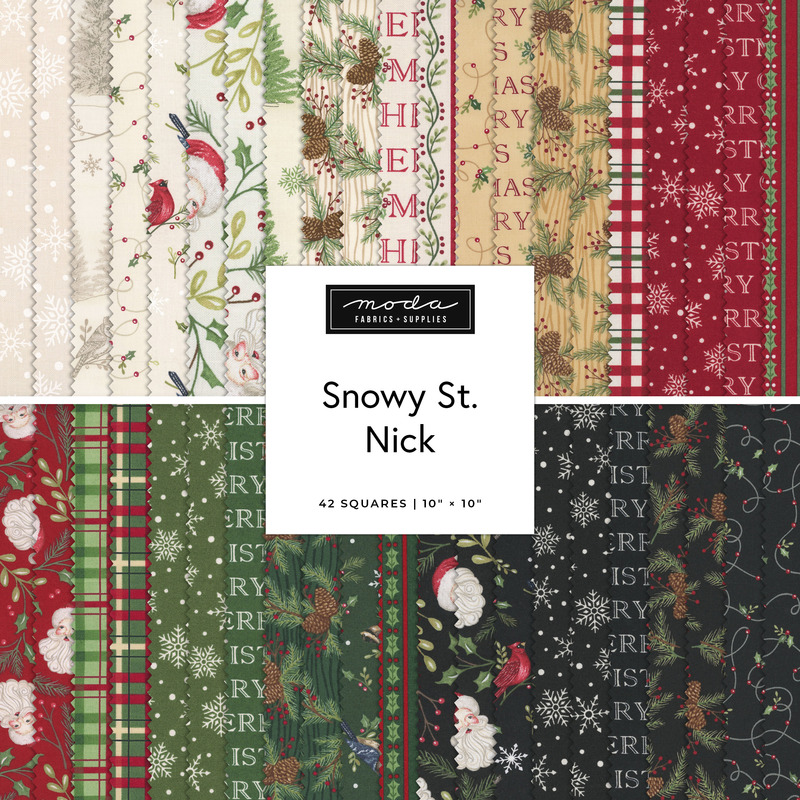 Digital collage of Christmas and Santa fabrics in the Layer Cake Bundle from the Snowy St. Nick fabric collection.